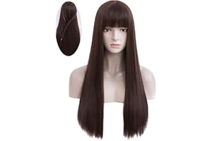 Netgo Brown Wigs, Long Straight Wig with Bangs, 27 inch Natural Looking Heat Resistant Synthetic Cosplay Party Bang Wigs for Girl