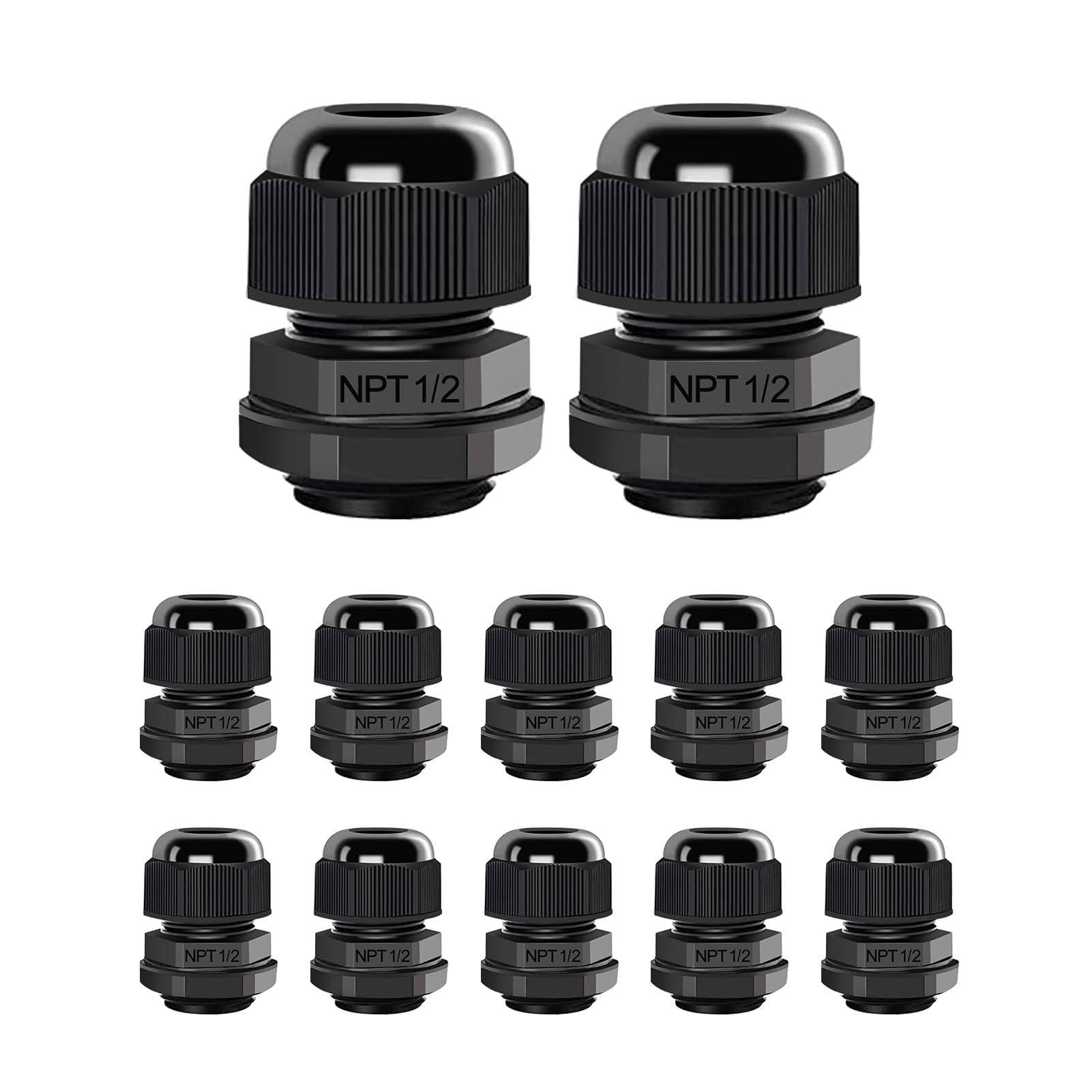 Photo 1 of AIRIC 12 Pcs 1/2" NPT Cable Glands Nylon PA66, IP68 Waterproof Adjustable Power Strain Relief Cord Grips, Junction Box Wire Gland Grip Connectors with Gaskets and Locknut, Black