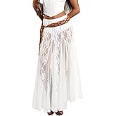 Ahtyeo Women's Sexy See Through Sheer Lace Maxi Skirt Low Waist Ruffle Hem A Line Flowy Mesh Skirts