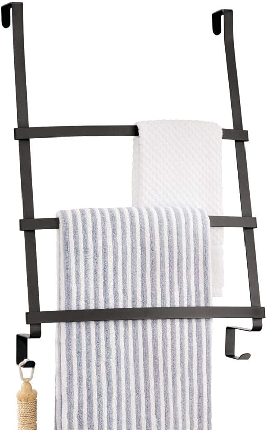 mDesign Hanging Towel Rack Over Door Towel Rail with 3 Rungs and 2
