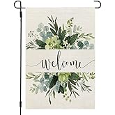 CROWNED BEAUTY Spring Floral Welcome Garden Flag 12×18 Inch Double Sided for Outside Eucalyptus Small Burlap Seasonal Yard Fl