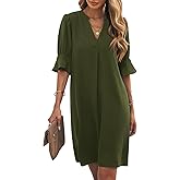 Wkior Shift Dress for Women V Neck Short Sleeves Solid Color Casual Flowy Summer Dresses(S-2XL)