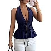 OYOANGLE Women's Open Back Deep V Neck Halter Peplum Cami Top Sleeveless Tie Front Summer Tops
