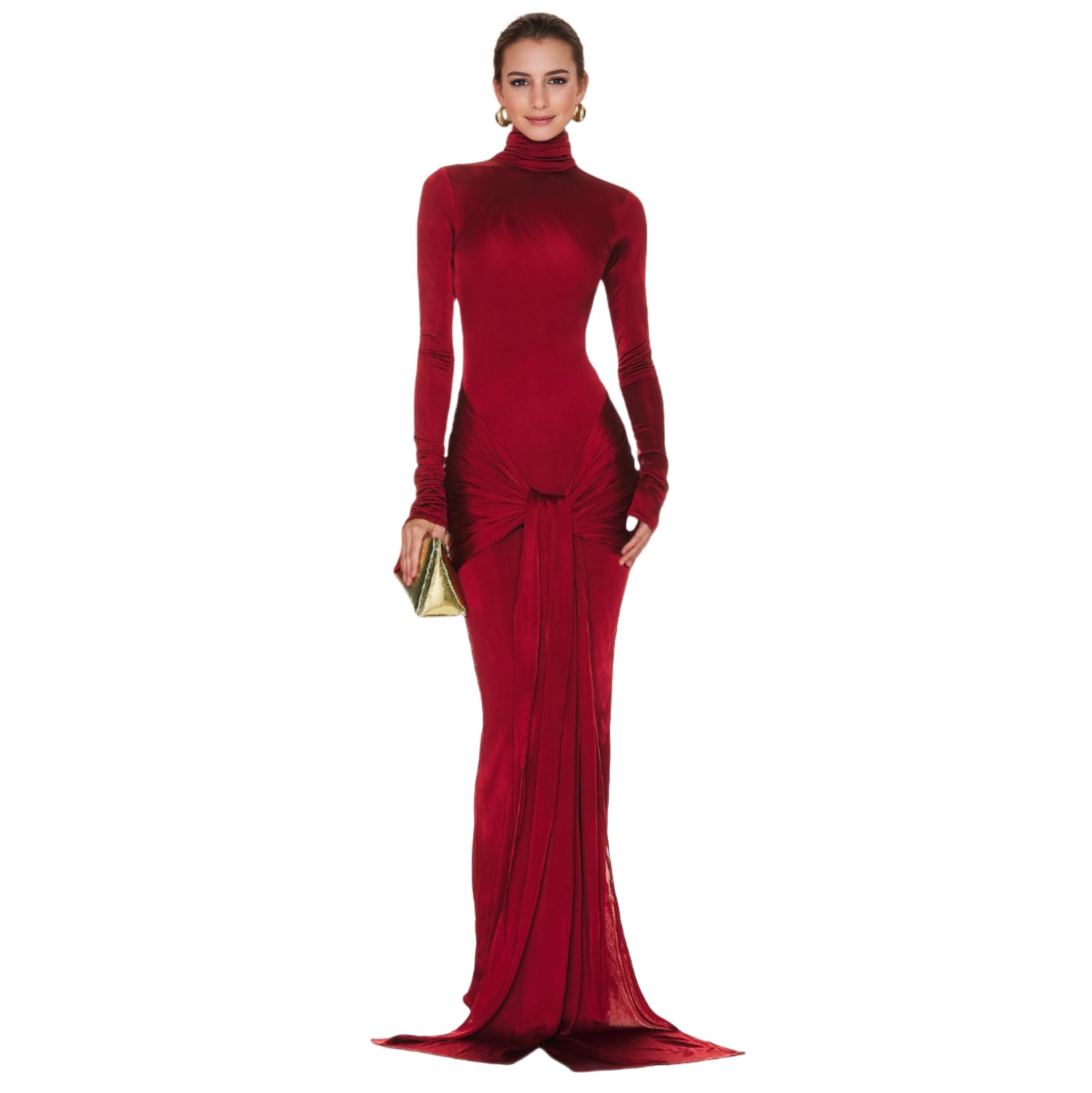 Photo 1 of JUMISEE Women's Sexy High Neck Long Sleeve Maxi Dress Elegant Tie Waist Bodycon Long Dress Cocktail Party Dress Red