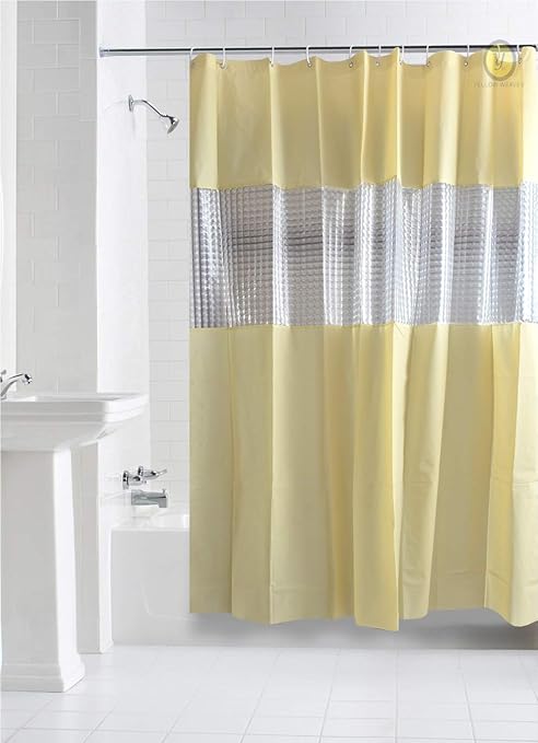 Yellow Weaves Waterproof Polyester Checkered Shower Curtain With 8