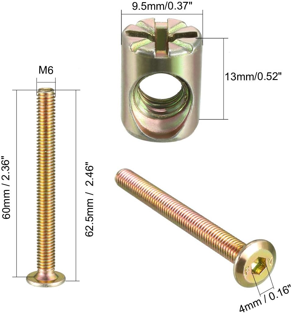 sourcing map M6x60mm Furniture Bolt Nut Set Hex Socket Screw with Barrel Nuts for Beds Headboards Chairs 8 Sets - Image 4