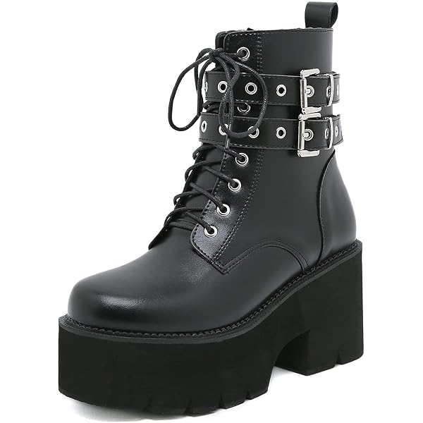 DXSYMJM Ladies Platform Ankle Boots Chunky Block Heel Lace Up Gothic Combat Boots With Chain,Black,4 | Ankle & Bootie