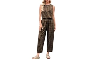 RANTAR Womens Cotton Checker Set 2 Piece Beach Vacation Outfit Summer Tank Top Pants Suit