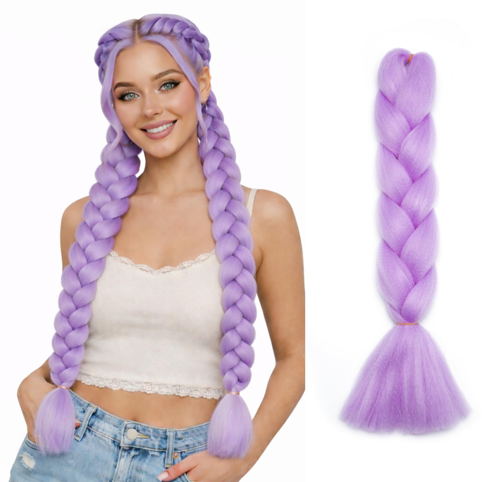 Benehair 24 Inches Braiding Hair Long Braids Extensions Hair Colorful Synthetic Hair for Braid Human Braiding Hair Light Purple Hair Extensions for Women(Light Purple, 100g)
