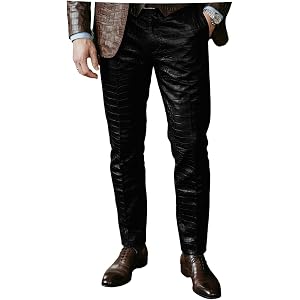 Men's Alligator PU Leather Pants Slim Fit Trousers Party Nightclub Stage | Rich crocodile embossed suit pants with elastic ba
