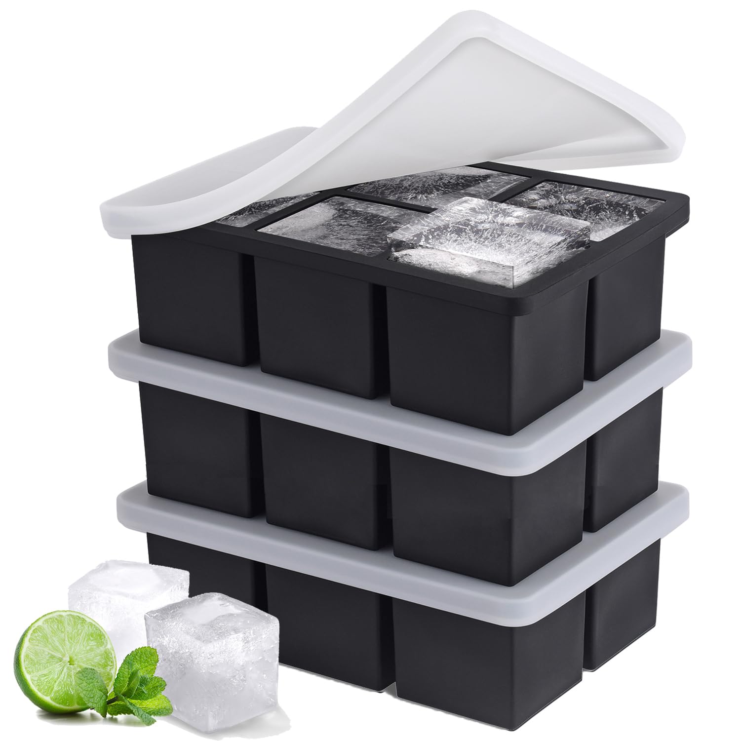 Large Ice Cube Tray with Lid, Silicone Ice Molds BPA Free Square Ice Cube Tray Easy Release Ice Cube Mold Making 2 Inch Big Ice Cubes for Whiskey Cocktails Drinks 【3 Pack】