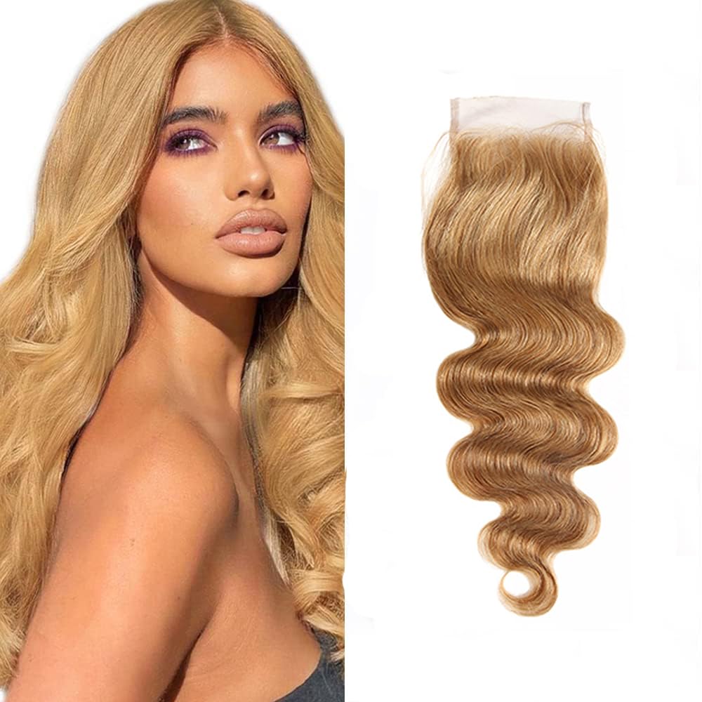 #27 Human Hair Closure Honey Blonde Body Wave Closure Pre Plucked With Baby Hair 4x4 Transparent Lace 10 Inch Free Part Bleached Konts Raw Remy Hair — image 1
