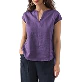 Amazhiyu Women's 100% Linen Cap Sleeve Blouse Summer Basic V Neck Top Casual