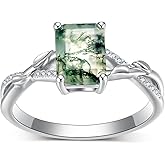 PreKaciouslv Emerald-Cut Natural Moss Agate Engagement Ring for Women,Twisted Infinity Promise Eternity Anniversary Ring Band 18K White Gold Platinum Plated Jewelry Gift for Wedding Birthday