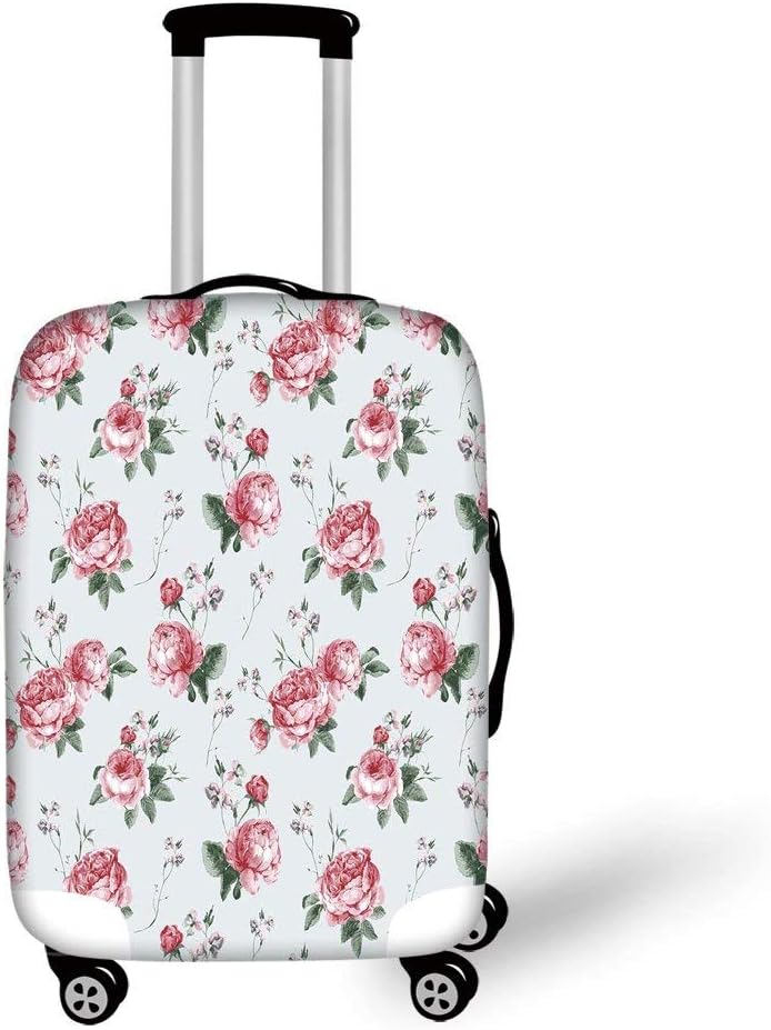 Travel Luggage Cover Suitcase Protector,Rose,Blooming English Rose Watercolor Painting Style Garden Shabby Chic Wild Flowers,Reseda Green Pink，for Travel S