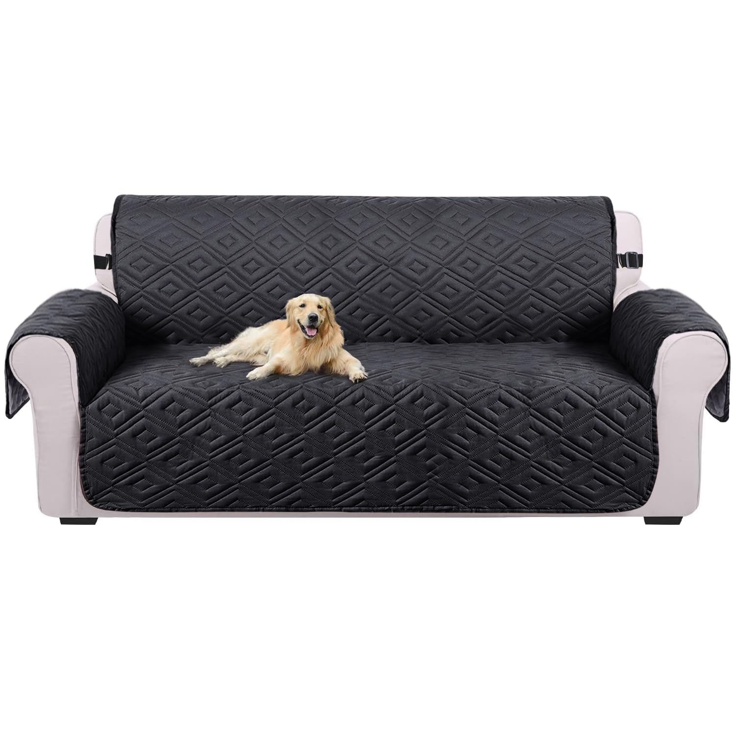 Imperial Rooms Sofa Cover 3 Seater Non Slip Quilted Sofa Slipcovers – Reversible Adjustable Elastic Straps Sofa Covers Waterproof Sofa Protectors From Pets & Kids (Black-Dark Grey)