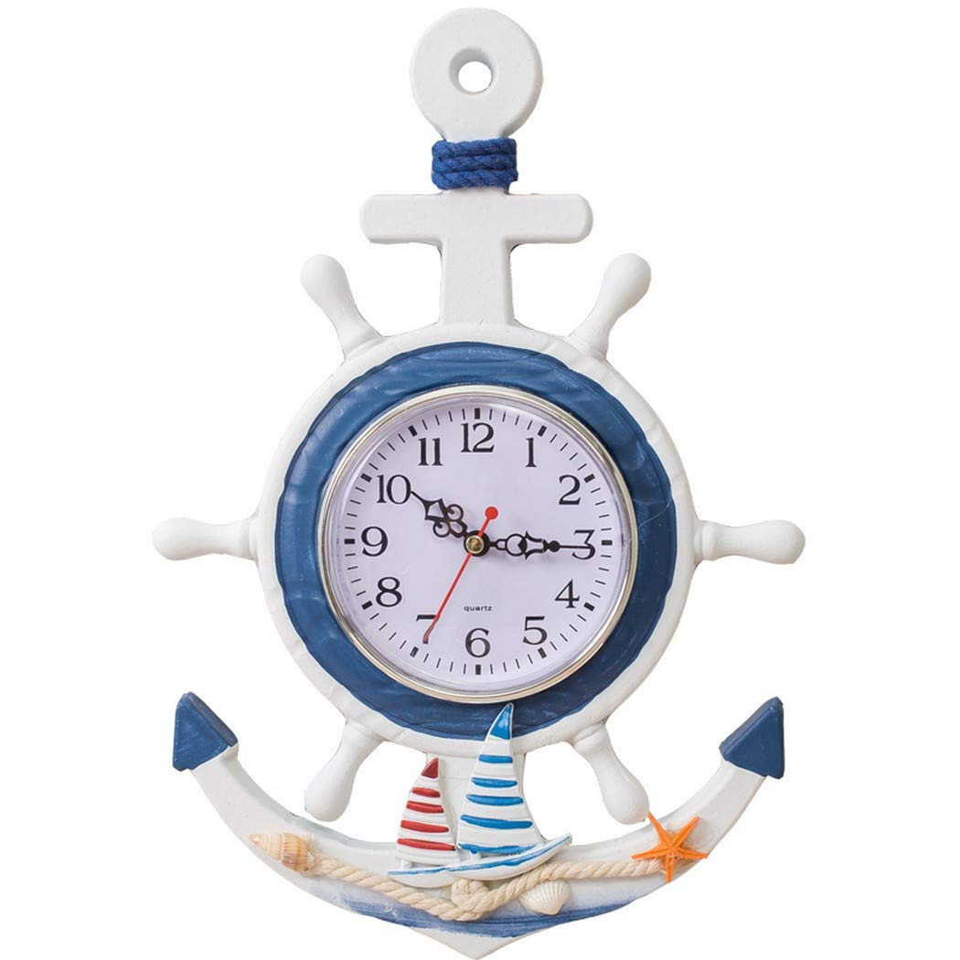 SWHONG Mediterranean Clock Ship Wheel Clock Seaside Silent Shabby Chic Wall Clock for Home Seaside Mantel Clocks