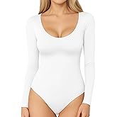 MANGOPOP Long Short Sleeve Bodysuits for Women Scoop Neck Ribbed Body Suit Stretchy Basic T Shirt Tops