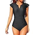 Tempt Me One Piece Swimsuits for Women Zip Front Rash Guard Short Sleeve Tummy Control Surfing Sport Bathing Suits