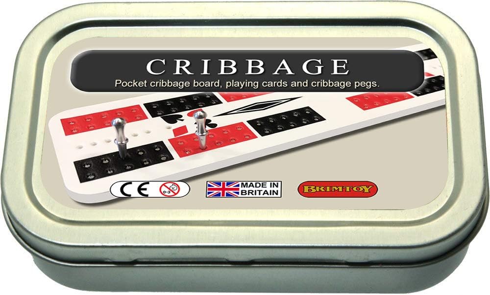 Brimtoy pocket cribbage board in tin with playing cards, metal pegs and instructions, Leatherette 2 part style board - Image 3
