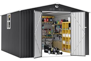 Softkiss 10x12 FT Outdoor Storage Shed, Metal Garden Shed - Tool Storage Sheds with Lockable Doors & 1 Clear Window, Waterproof Outside Storage Building for Backyard, Patio (Black; Floor Not Included)