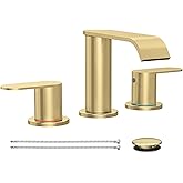 Homevacious Brushed Gold Bathroom Faucet 3 Hole 8 Inch Widespread Waterfall Bathroom Sink Faucets 2 Handles with Pop-up Drain and Supply Lines for Bath Vanity Commercial Lavatory Rv Restroom