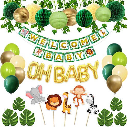 sweet baby co. jungle theme safari baby shower decorations with banner, animal centerpieces, tropical leaves, greenery garland, lantern, pom poms, oh baby balloons, neutral party supplies for boy girl