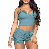 RUEWEY Women's V-Neck Sleeveless Pajamas Set Lace Cami Set with Short Pants Sleepwear PJ Set Nightwear