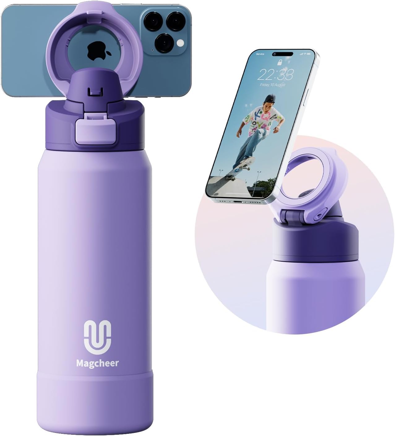 magcheer 1L Magnetic Water Bottle with Phone Holder Compatible with MagSafe Insulated Gym Cold Drink Bottle for 24 Hours Tripod Bottle for Travel & Fitness Selfie(Purple)