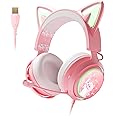 EASARS Cat Ear Headset, Pink Gaming Headset with Retractable Mic, 7.1 Surround Sound, RGB Lighting, Wired Headset for PC, PS4, PS5