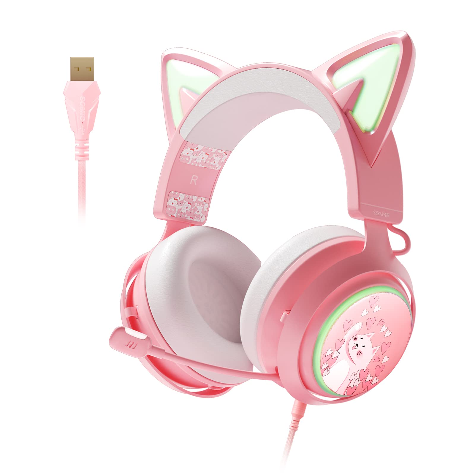 Photo 1 of EASARS Pink Gaming Headset GS510, Wired, Over Ear, Cat Ear Design with RGB Lighting, 7.1 Surround Sound, Retractable Mic, Compatible with PC, PS4, PS5