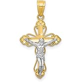 10k Real Gold Crucifix Cross Pendant for Men and Women with Rhodium Filigree Detail – Catholic Jewelry Charm Featuring Jesus Christ in Two Tone Design – Christian Faith Devotional Religious Symbol