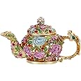 Hand Painted Trinket Box for Home Decor, Hinged Enameled Jewelry Box for Ring Earrings Jewelry Organizer, Unique Vintage Bejeweled Storage Figurine Collectible Keepsake (Teapot)