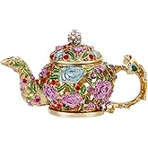 Hand Painted Trinket Box for Home Decor, Hinged Enameled Jewelry Box for Ring Earrings Jewelry Organizer, Unique Vintage Bejeweled Storage Figurine Collectible Keepsake (Teapot)