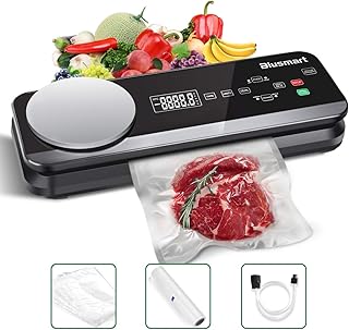Vakuumierer Blusmart 0.8 Bar Vollautomatisches Vakuumiergerät für Trockene und Feuchte Lebensmittel, mit eingebauter Küchenwaage und LCD-Display, inkl Vakuumier-Folie und-Schläuche