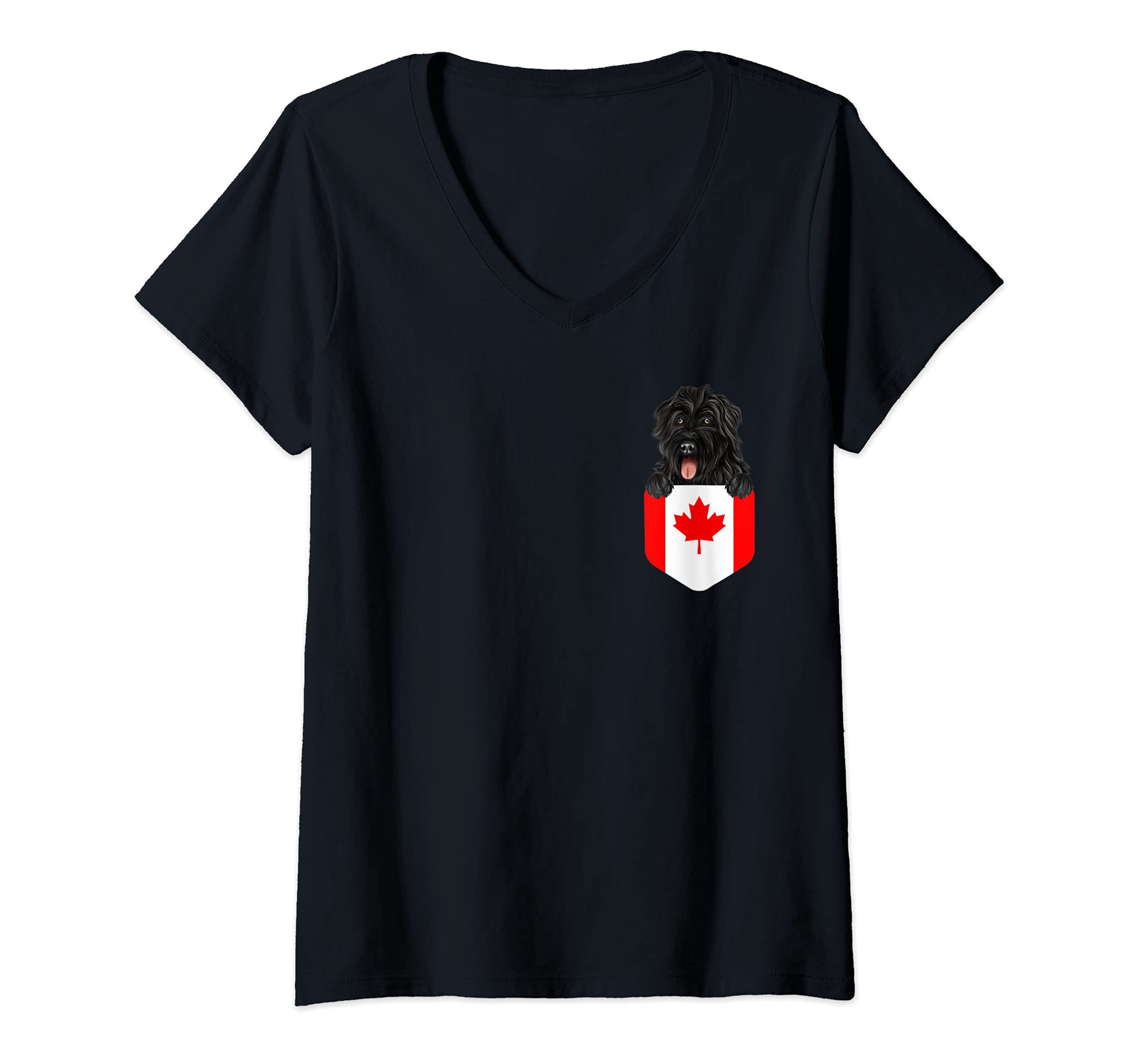 Womens Canada Flag Bouvier des Flandres Dog In Pocket V-Neck T-Shirt