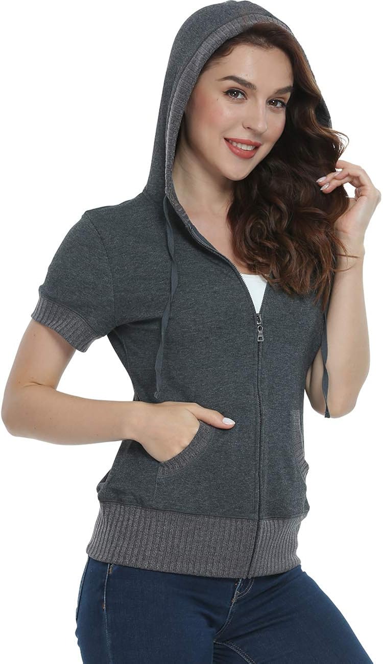 MISS MOLY Women's Short Sleeve Hoodie Full Zip Up Cotton Slim Fit