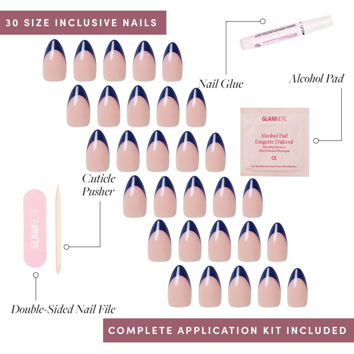 Glamnetic Press On Nails - French Riviera | Semi-Transparent Navy Blue French Tip Short Almond False Nails, Reusable Stick On Fake Nails with Glue | Salon Quality | 15 Sizes - 30 Nail Kit - Image 4