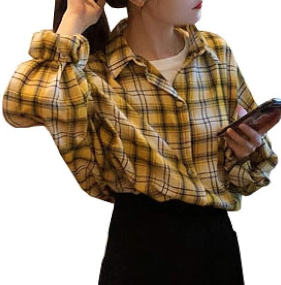 Amazon チェックシャツ 長袖 ビックシルエット 春夏 レディース フリーサイズ トップス 襟付き ゆったり Ol オシャレ カジュアル ファッション 上着 アウター 通学 Bf風 体型カバー シャツ ギンガムシャツ シャツ ブラウス 通販
