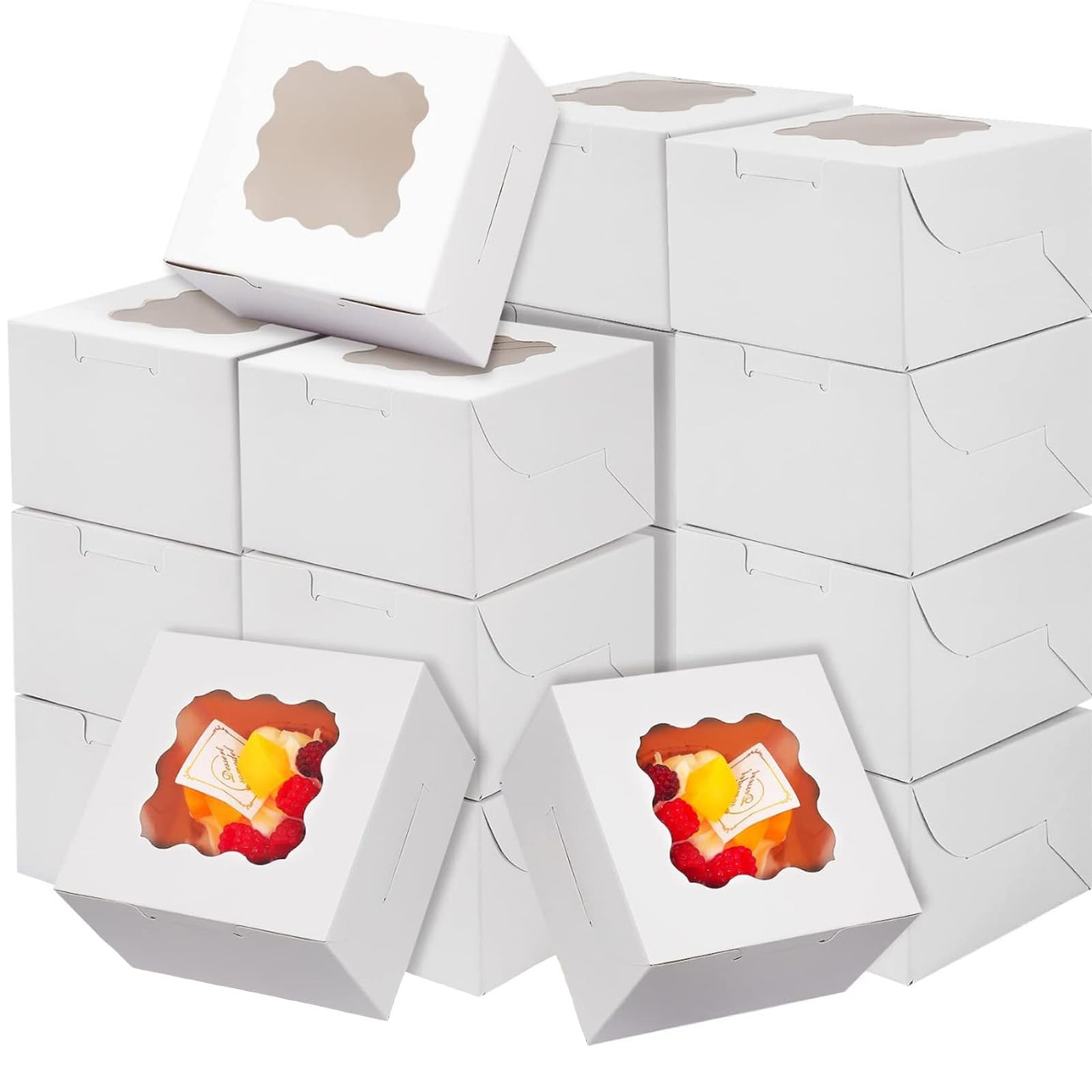 YankMooM 15PCS Cake Boxes with Window,4X4X2.5inch White Bakery Boxes with Display Cookie Packing Boxes for Cakes,Strawberries,Donuts,Muffins,Macaroon
