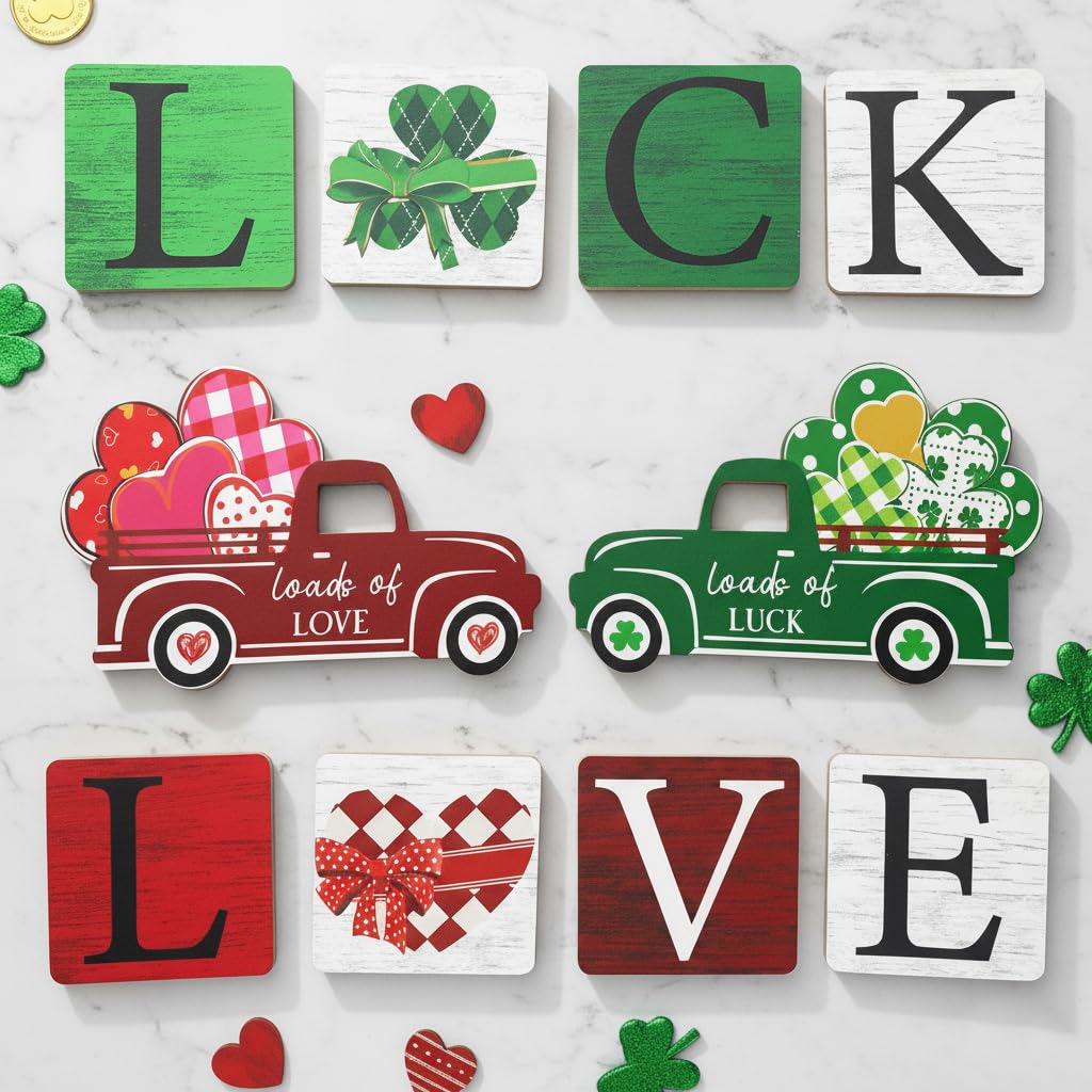 Photo 1 of 10PCS Wooden Valentine’s Day & St. Patrick’s Day Decor, LOVE&LUCK Blocks and Vintage Truck Signs for Tray Decor, Tabletop & Home Party Decorations