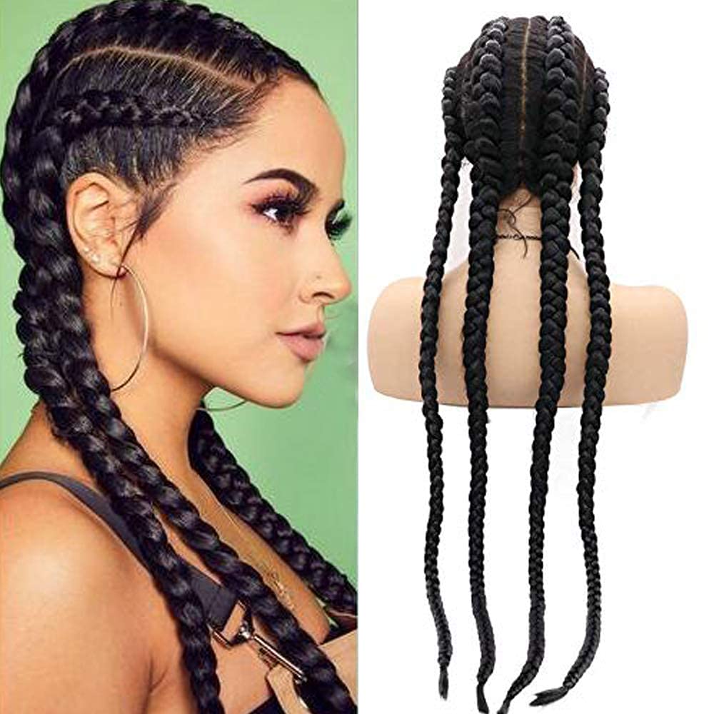 Long Black Braided Wigs for Black Women Soft Full Box Braids Glueless Lace Front Wigs with Baby Hair Natural Hairline Knotless Cornrow Braid Wig Synthetic Heat Resistant Fiber Cosplay Halloween 30Inch