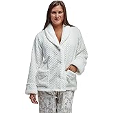 LA CERA Women's Fleece Bed Jacket - Stylish Notched Collar, Long Sleeves, Front Pockets, Button Front, Machine Washable