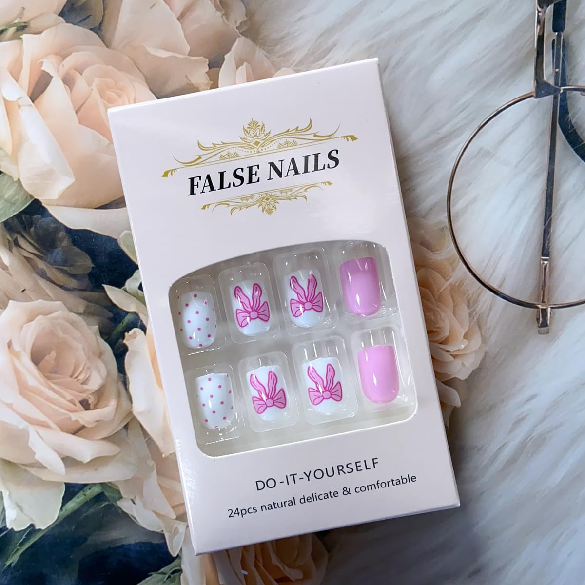 Pink Press on Nails Short Square Cute Fake Nails Valentine’s Day Press on Nails with Bow-Knot Designs Pink Acrylic Nails Full Cover Valentines Nails Glue on False Nails with Designs for Women 24PCS - Image 7