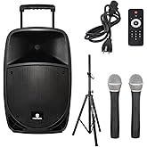 PRORECK Freedom 15 Portable 15-Inch 800 Watt 2-Way Rechargeable Powered Dj/PA Speaker System with Bluetooth/USB/SD Card Reader/FM Radio/Remote Control/Wireless Microphones/Speaker Stand