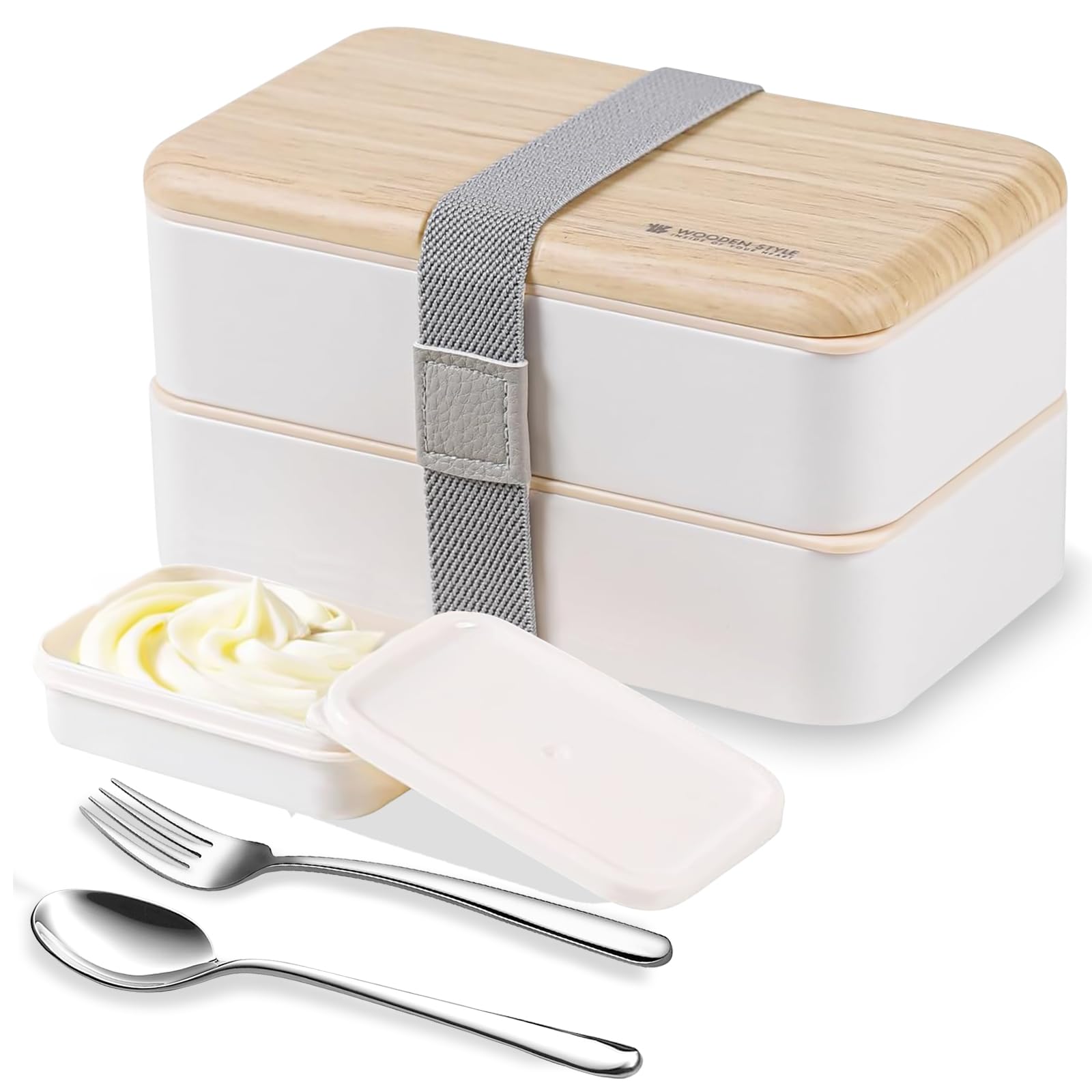 Original Bento Box Lunch Boxes Container Bundle Divider Japanese style with stainless steel Utensils spoon and fork (White)
