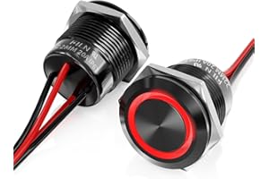 FILN 2PCS 22mm Latching Push Button Switch,20A Push Start Button on Off Switch 12v 24v Green LED IP67 Waterproof Marine Switches for Cars,Boat, and DIY Enthusiasts(Red, Black Shell)