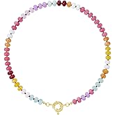 KissYan Beaded Gemstone Necklace for Women, Colorful Boho Bead Choker Natural Stone Surfer Beach Necklaces 14K Gold Plated Summer Handmade Jewelry