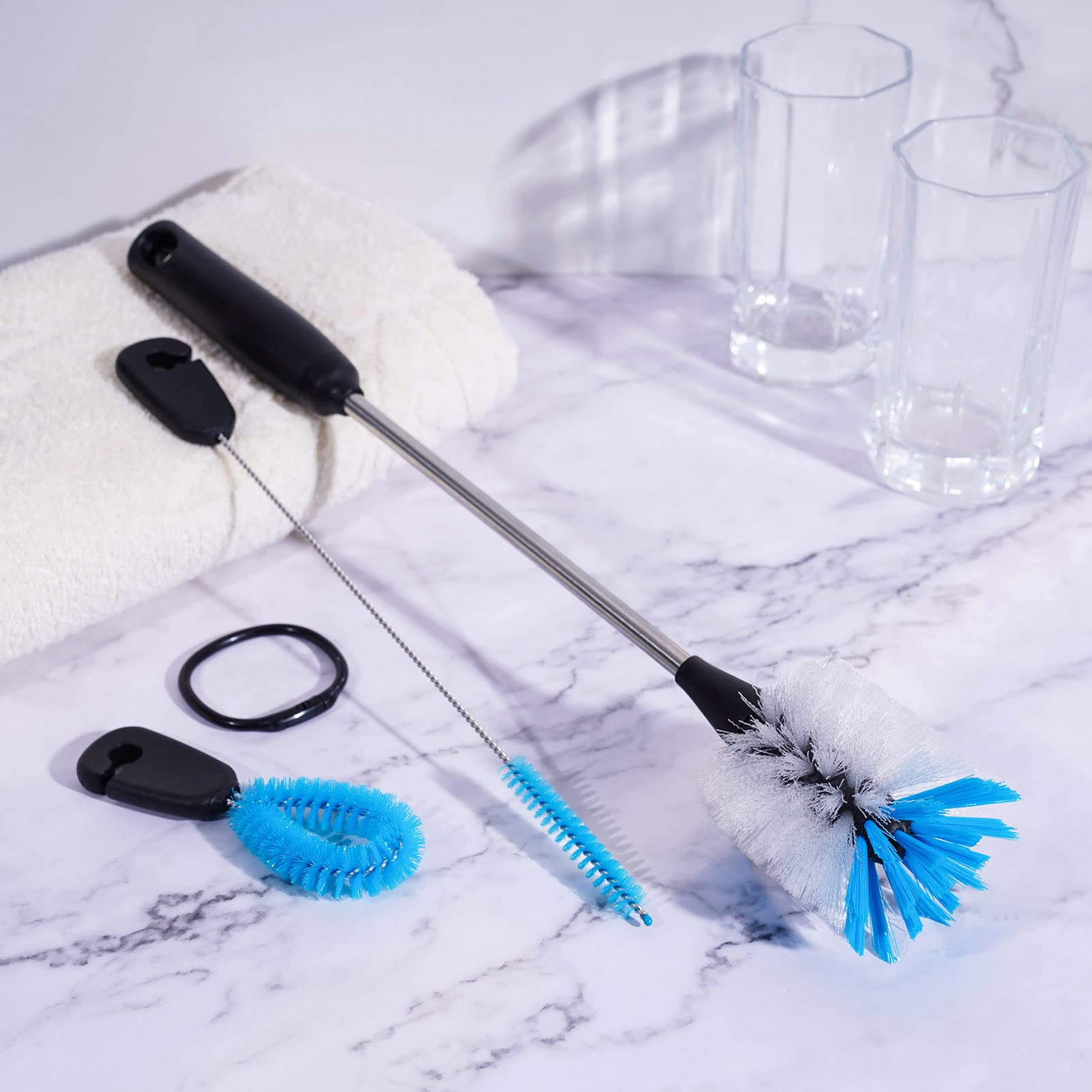 MOSOLAN 3-in-1 Stainless Steel Bottle Brush and Straw Cleaning Set, Long Handle Scrub Brush with Replaceable Head for Water Bottles, Glasswares, Mugs, Flasks, Tumblers, Vases, Flat Head