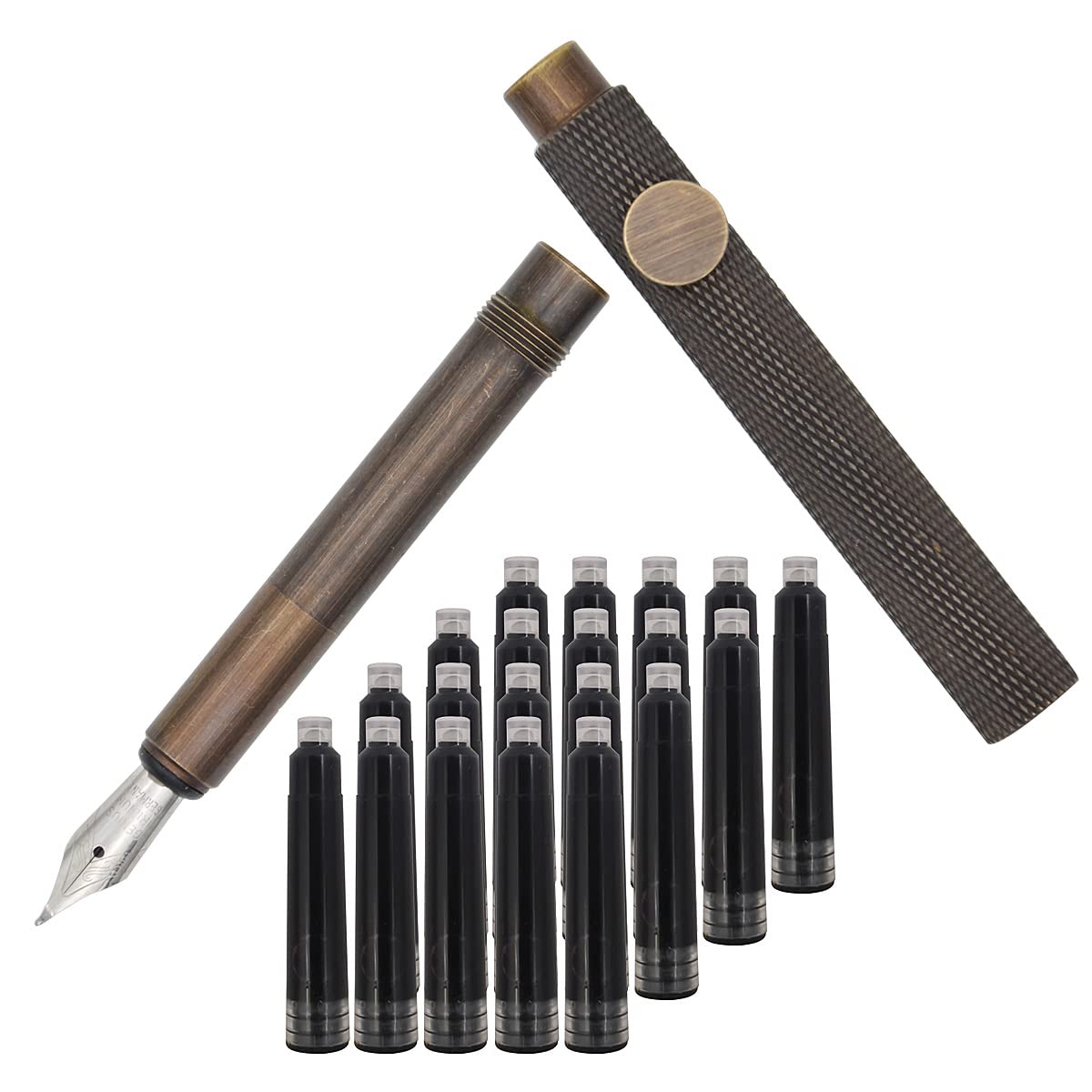 SIPLIV Brass Stripes Calligraphy Pen (85mm) Short Paragraph Pocket Mini Travel Pen with 20 Pcs Black Ink Cartridges